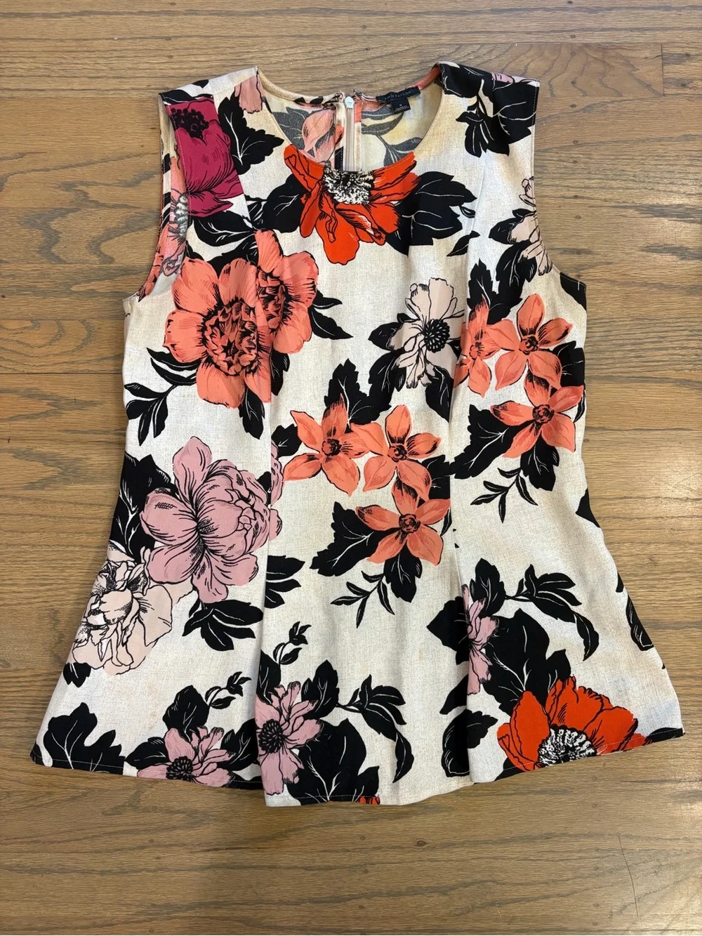 Ann Taylor Sleeveless Floral Blouse - Coral, Pink & Black on Cream